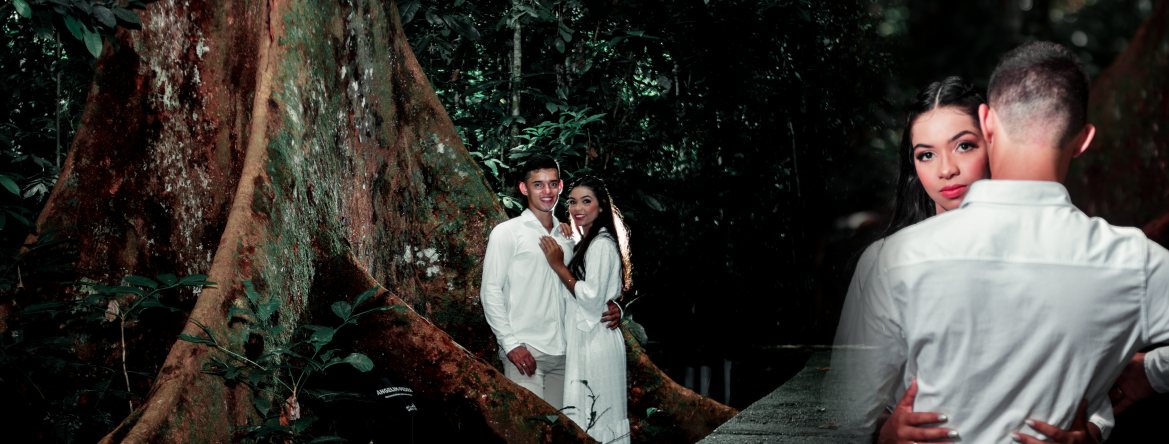 Duas fotografias do pré-casamento de Letícia e Dhiogo na trilha: imagens que podem compor uma narrativa em álbum ou peça digital.
