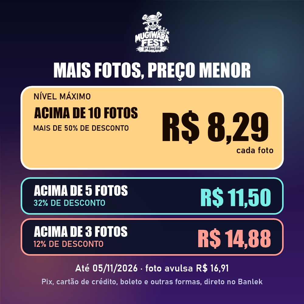 Tabela de preços do Mugiwara Fest: acima de 10 fotos, R$ 8,29 cada; acima de 5 fotos, 32% de desconto; acima de 3 fotos, 12% de desconto