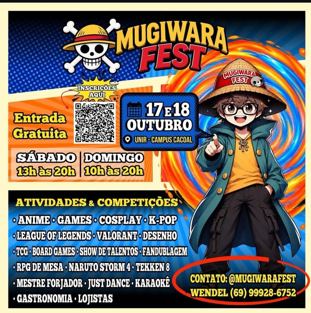 Banner do Mugiwara Fest, encontro de anime, games, cosplay e cultura geek em Cacoal.